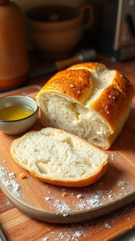 A freshly baked loaf of homemade bread sliced on a wooden board with olive oil.